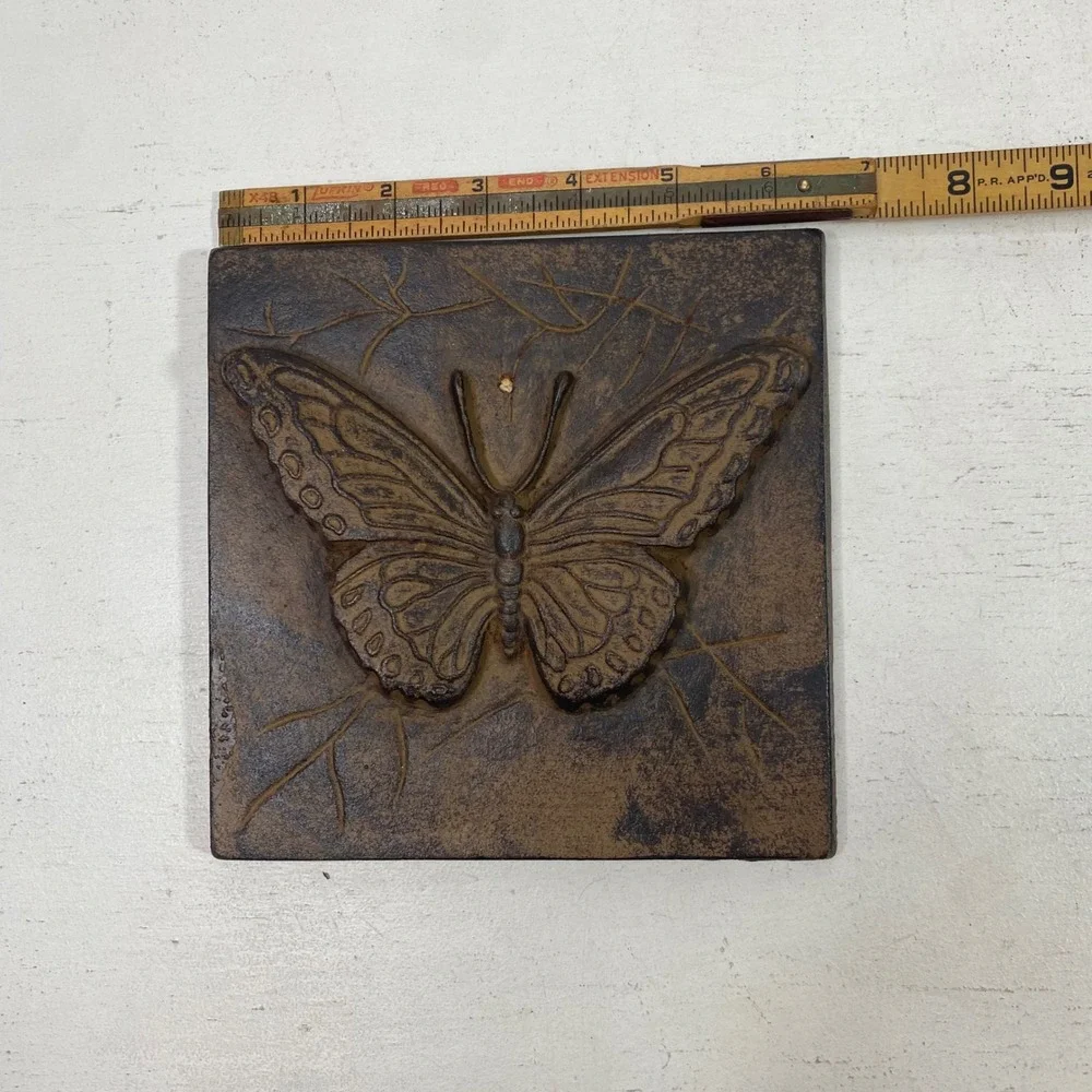 Cast Iron Butterfly Wall Tile Plaque Rustic Brown Garden Decor 6in